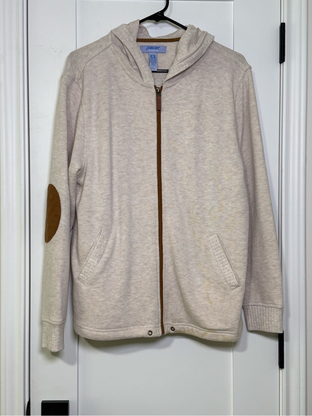 Karen Scott Cream Hooded Zip Sweater with Brown Elbow Patches